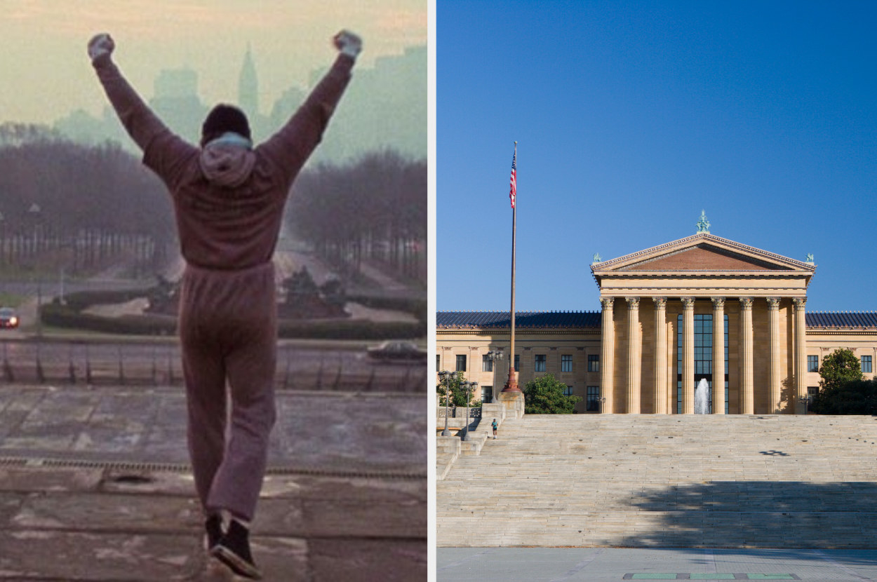 Sylvester Stallone as Rocky in Rocky two at the top of the stairs next to an image of the Philadelphia Museum of Art