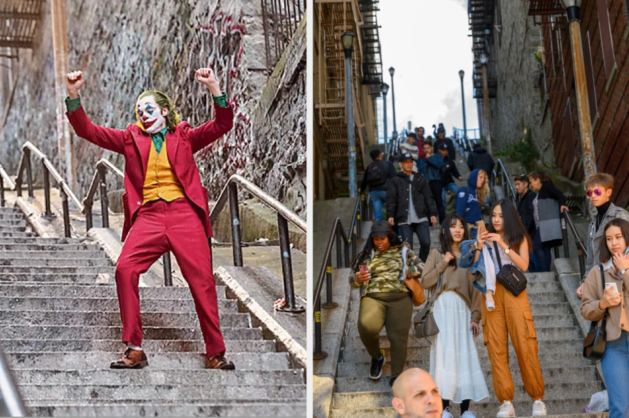 Joaquin Phoenix as the Joker in &quot;Joker&quot; dancing down the stairs next to an image of the same stairs being visited by tourists
