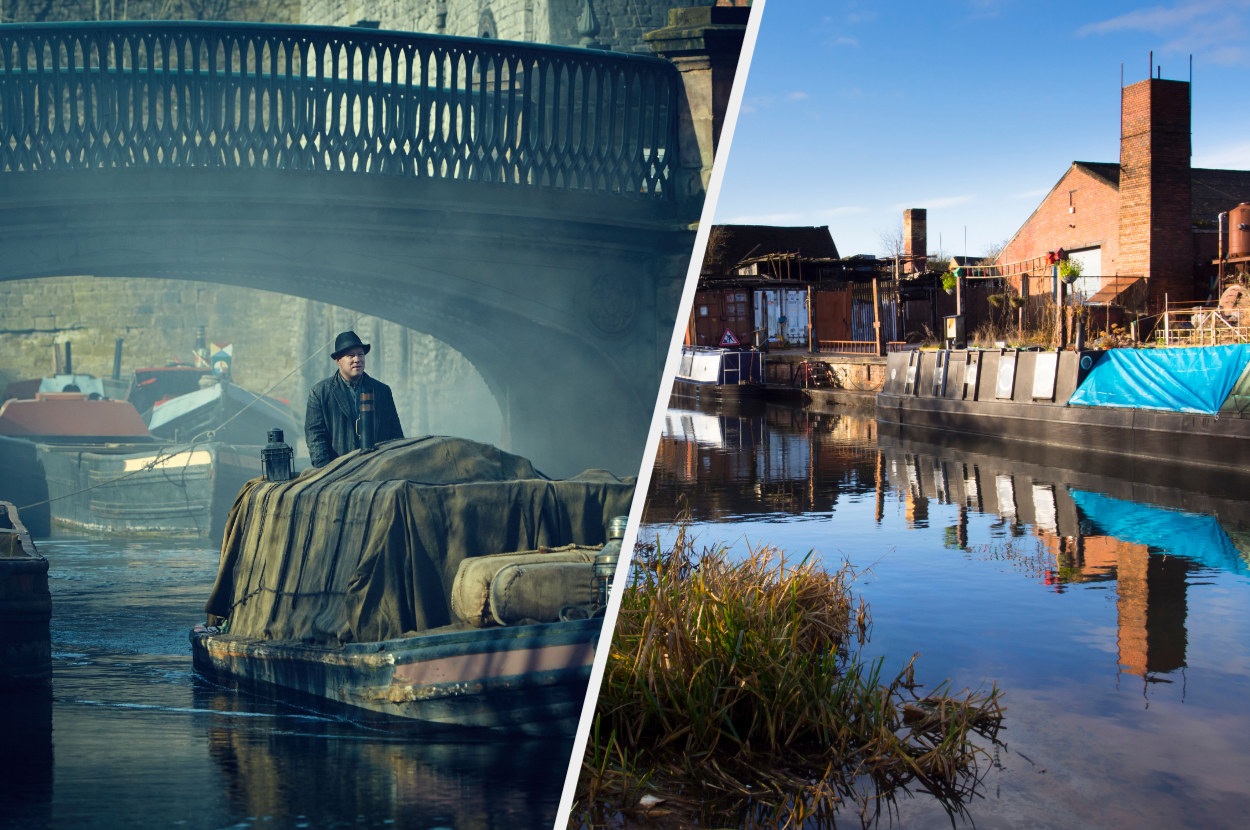 A still from &quot;Peaky Blinders&quot; of a canal boat next to an image of Birmingham&#x27;s real Canal