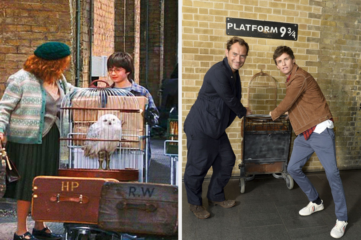 An image of Molly Weasley and Harry Potter at Kings Cross in the first &quot;Harry Potter&quot; movie next to an image of Jude Law and Eddie Redmayne posing with the platform nine and three quarters in the real Kings Cross station