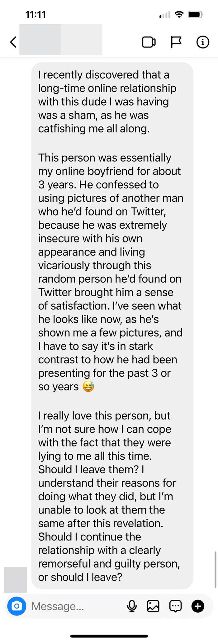 Screen shot of DM to Stephen LaConte reading, &quot;Should I continue the relationship with a clearly remorseful and guilty person, or should I leave?&quot;