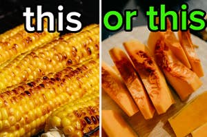 Corn is on the left labeled, "this" with squash labeled, "or this"