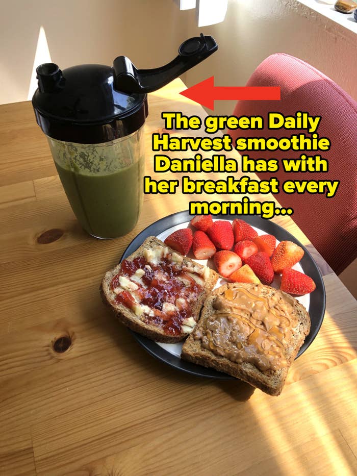 Daniella&#x27;s breakfast of a peanut butter and jelly sandwich, strawberries, and a Daily Harvest smoothie, which she has every morning