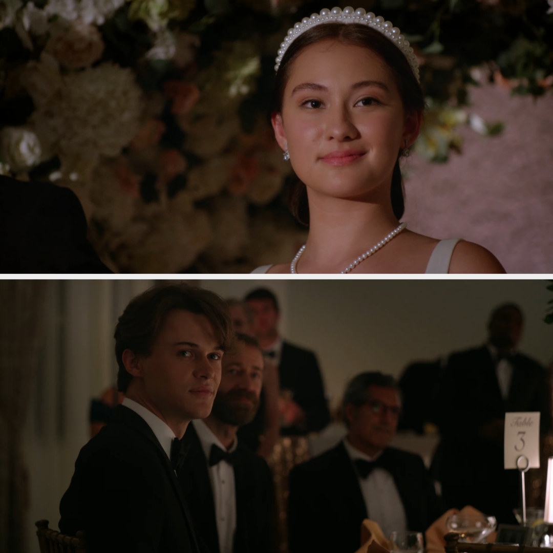 Belly wearing a tiara and pearls and Conrad wearing a tux and bow tie