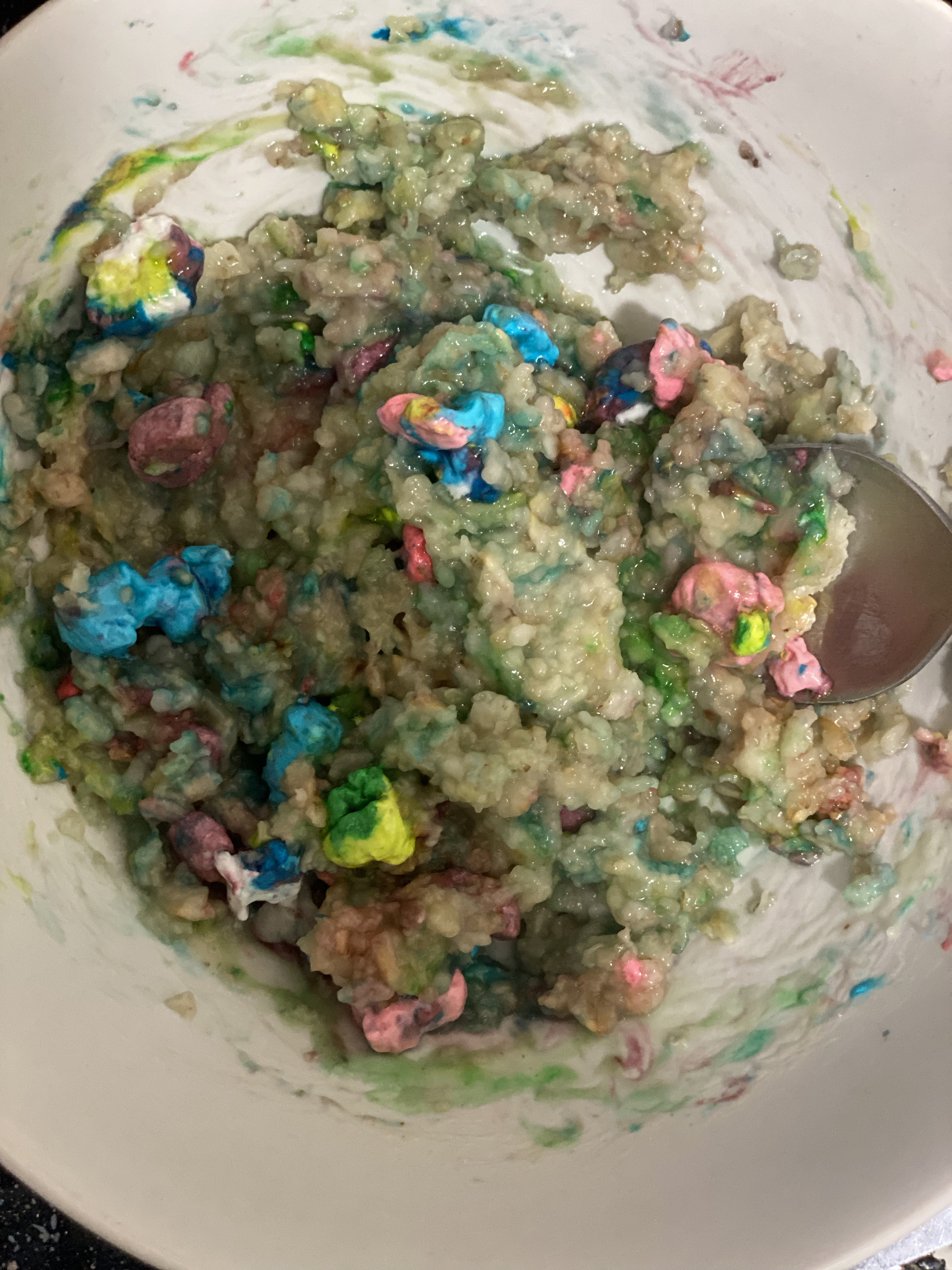 mixed-up Lucky Charms oatmeal in a bowl