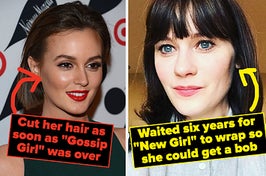 leighton meester with a bob labeled "Cut her hair as soon as Gossip Girl was over" and zooey deschanel with a bob labeled "Waited six years for New Girl to wrap so she could get a bob"