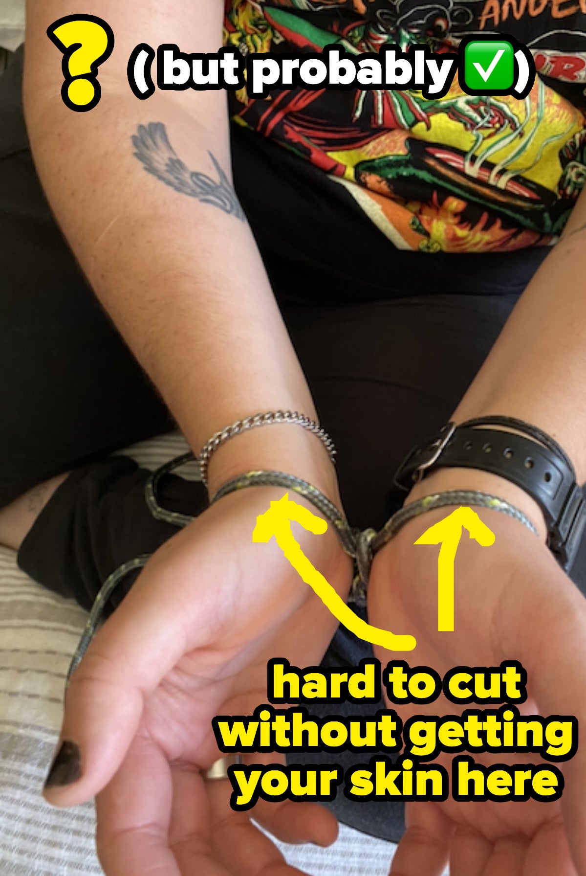 arrows pointing to each wrist with text: hard to cut without getting your skin here