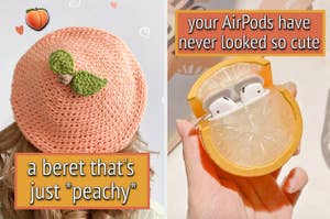 A split thumbnail of a beret and airpod case