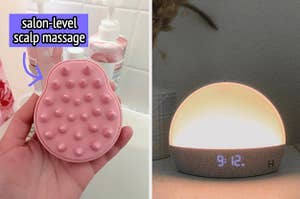 person holding pink scalp scrubber brush / a glowing sunrise lamp with a clock face