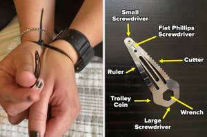 A person with their hands ziptied trying to use the clip, and the clip labeled with all its uses
