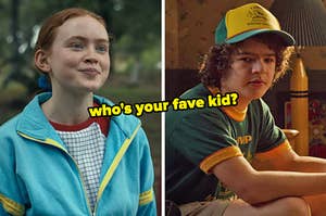 On the left, Max from Stranger Things, and on the right, Dustin from Stranger Things with who's your fave kid typed in the middle