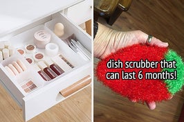 organized drawer with containers and reviewer holding strawberry shaped dish scrubber that can last 6 months