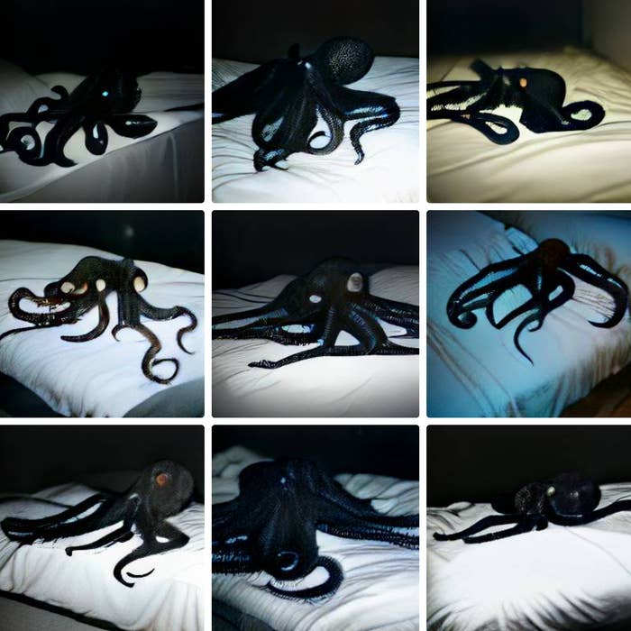 AI generated photos of a black octopus on a bed