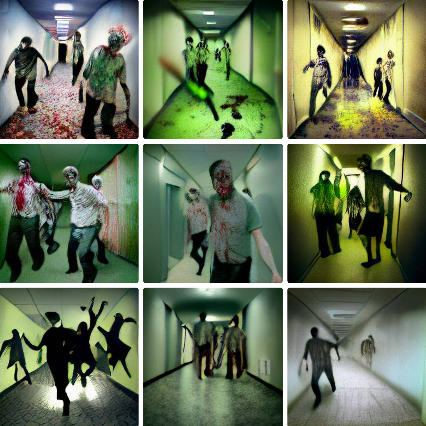AI generated photos of zombies running at you in a hallway