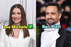 "lea michele" with a checkmark over her face, then "ben platt" with an X over lin-manuel miranda