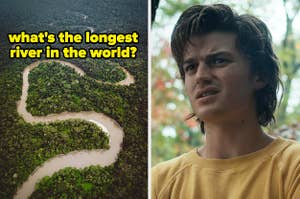 On the left, a long, winding river labeled what's the longest river in the world, and on the right, Steve from Stranger Things crinkling his face in confusion