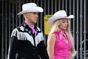 Margot Robbie and Ryan Gosling seen together filming scenes for the new Barbie movie while wearing sexy cowboy costumes