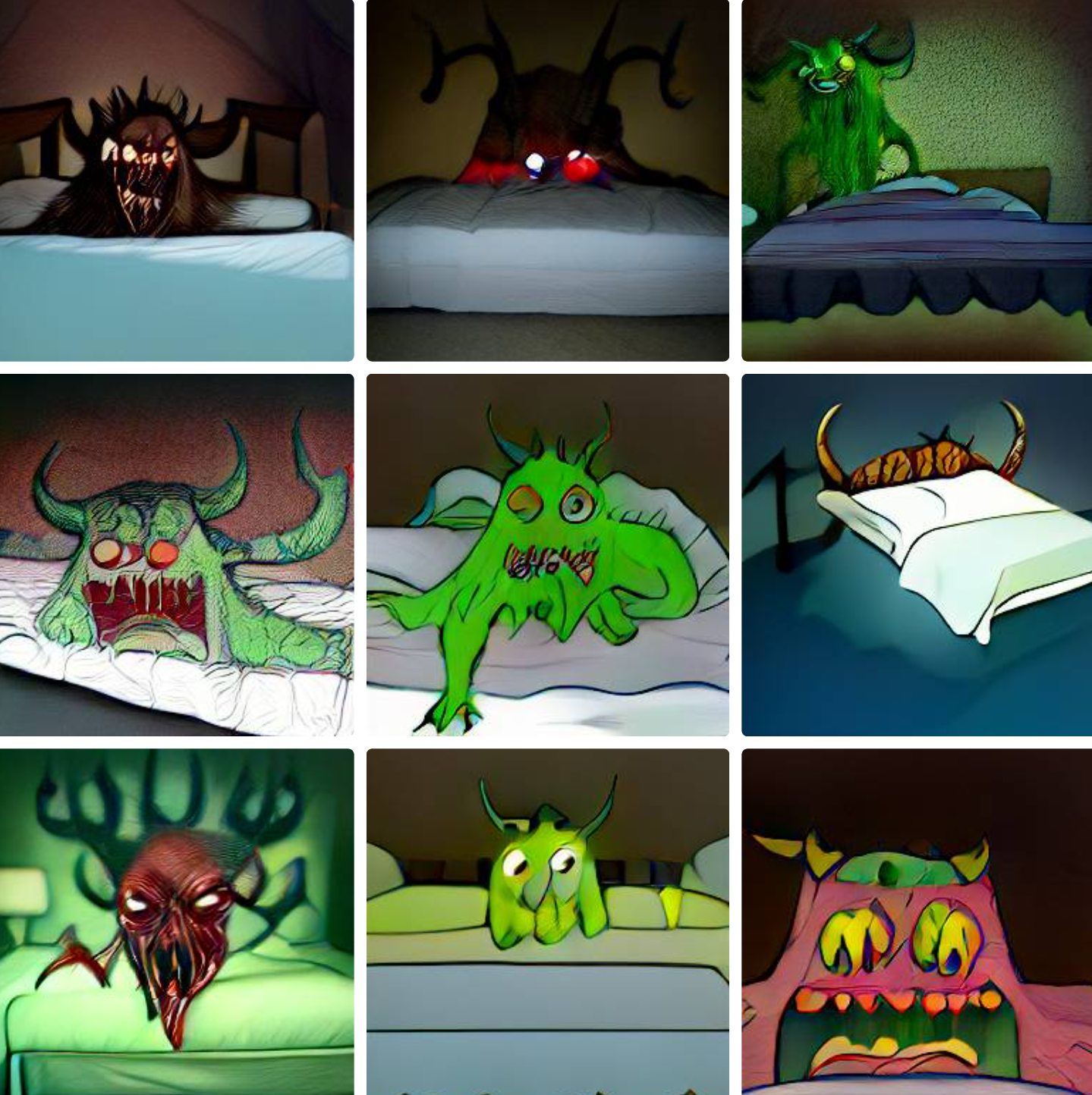 AI generated photo of monsters on a bed