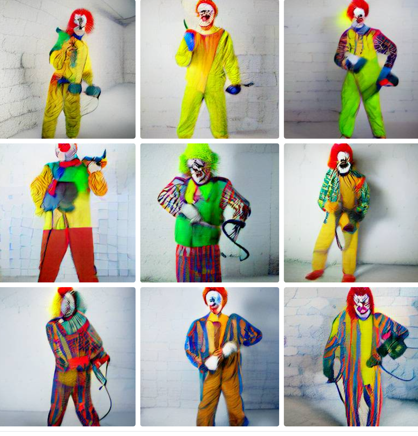 AI generated photos of a clown in a white room