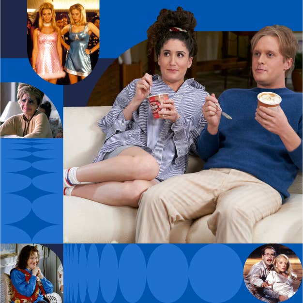 Kate Berlant and John Early sitting on a couch together eating ice cream, surrounded by small photos