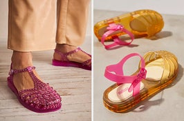 Two images of pink jelly sandals