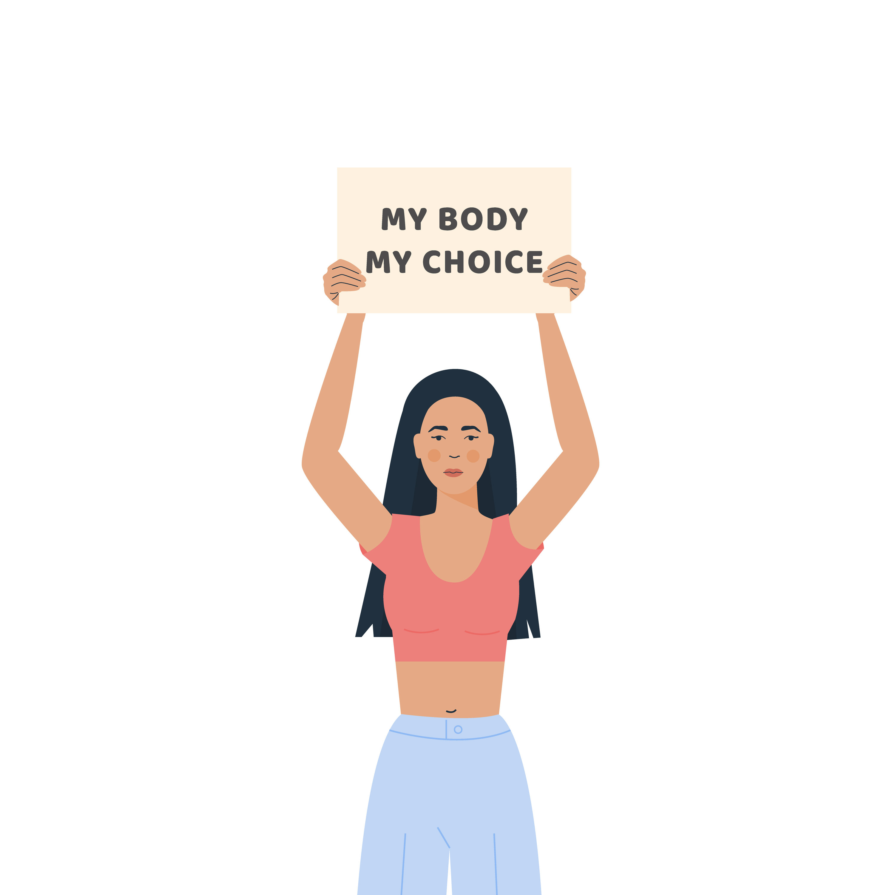 Graphic holding a sign saying my body my choice
