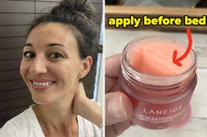 The author smiling; a lip mask to apply before bed