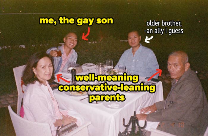 author with parents and older brother at a dinner table