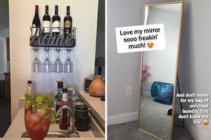on left, wine rack with bottles on top and glasses on bottom that says "home" in script. on right, gold square mirror with caption "love my mirror so freakin' much!"