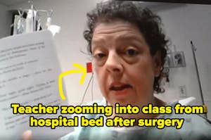 woman in hospital bed holding up book captioned "Teacher zooming into class from hospital bed after surgery"