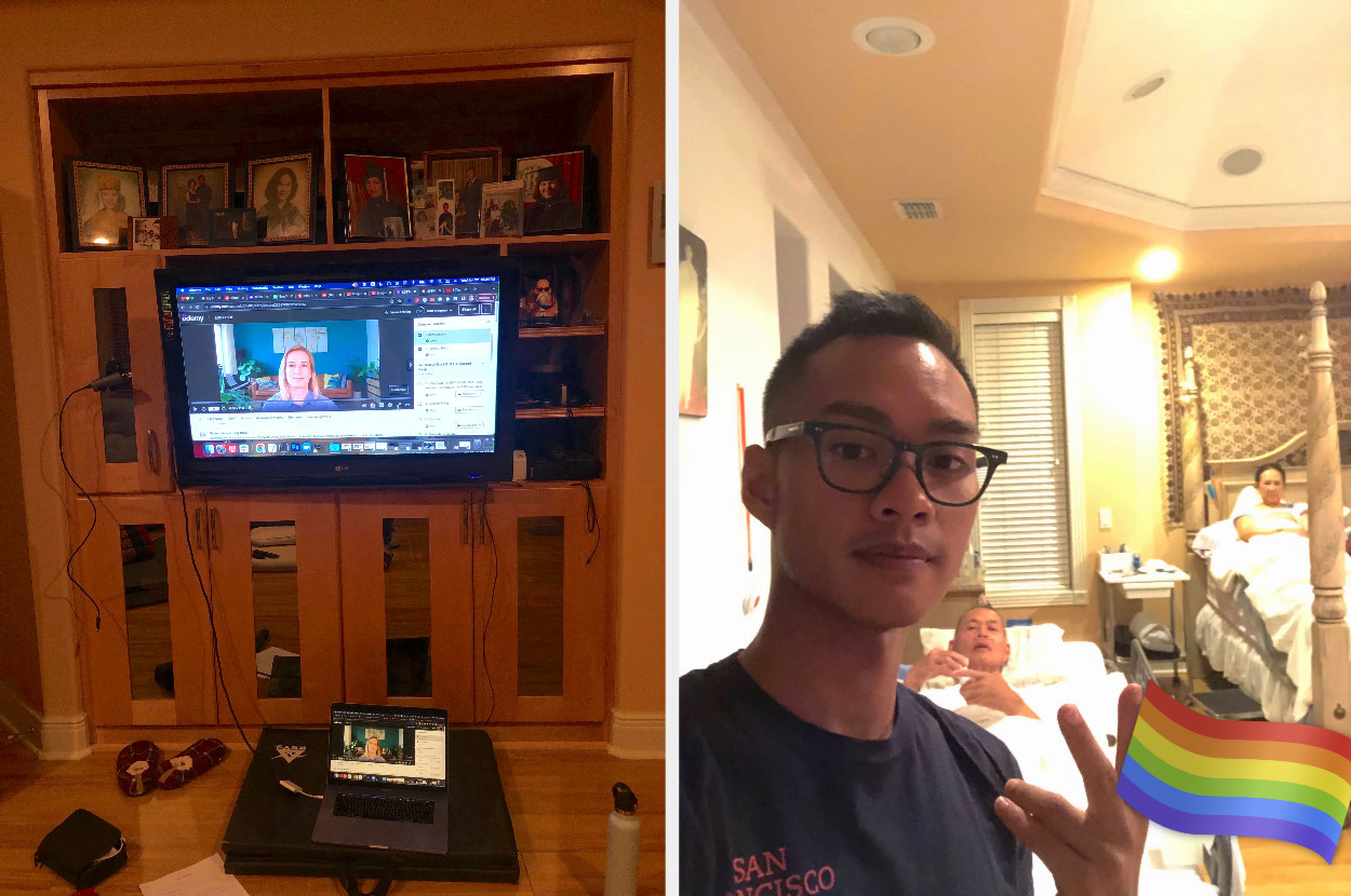 (Left) tv and laptop setup to stream the udemy course (right) author with his parents in the background