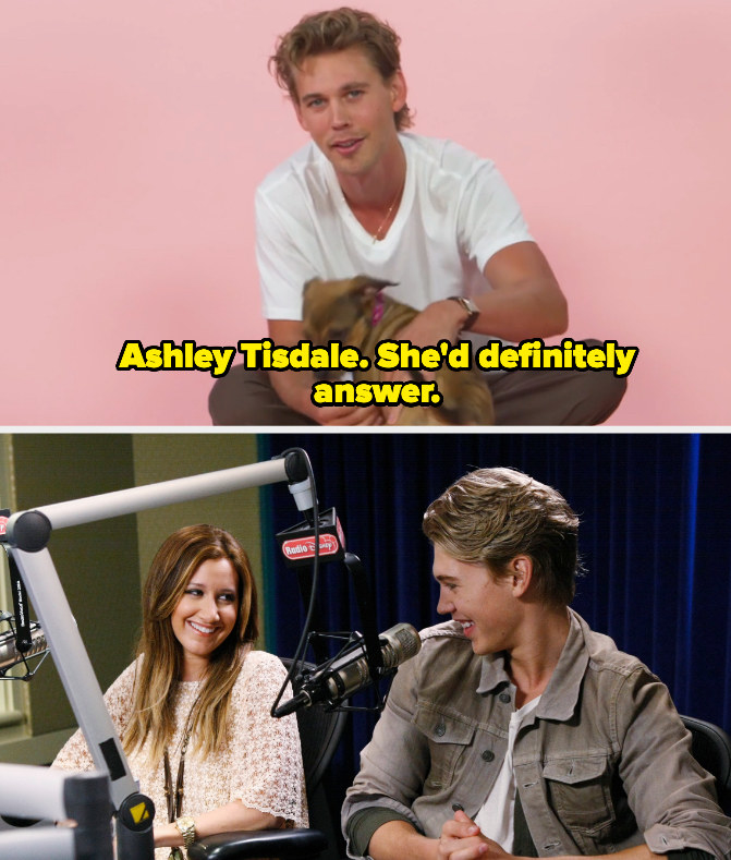 Austin saying Ashley Tisdale is the answer, juxtaposed with a photo of Austin and Ashley together in a Radio Disney booth