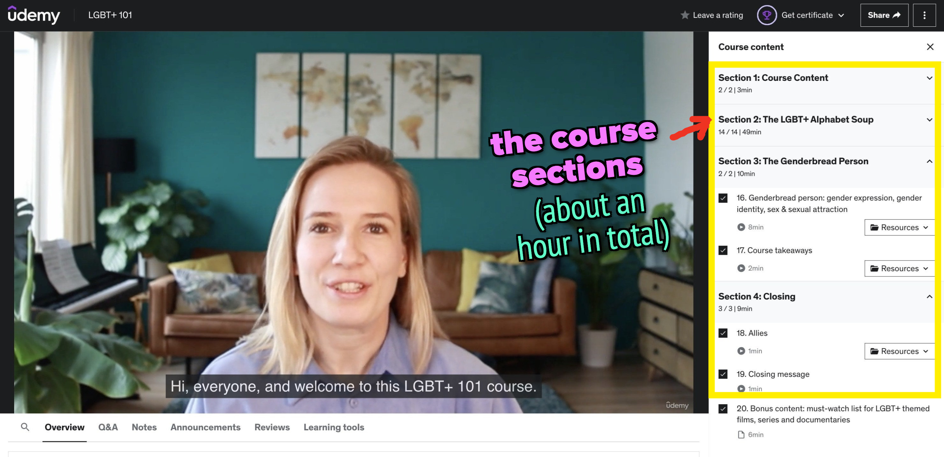 instructor introducing her udemy lgbt+ 101 course