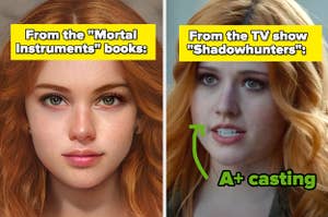 Clary Fray in the books via AI vs from the Shadowhunters TV show, with the text "A+ casting"