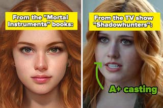 Clary Fray in the books via AI vs from the Shadowhunters TV show, with the text 