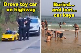 Two boys in a toy car have been pulled to the side of the road by real police officers