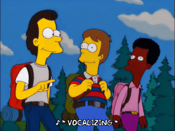 GIF of three Simpsons characters hiking