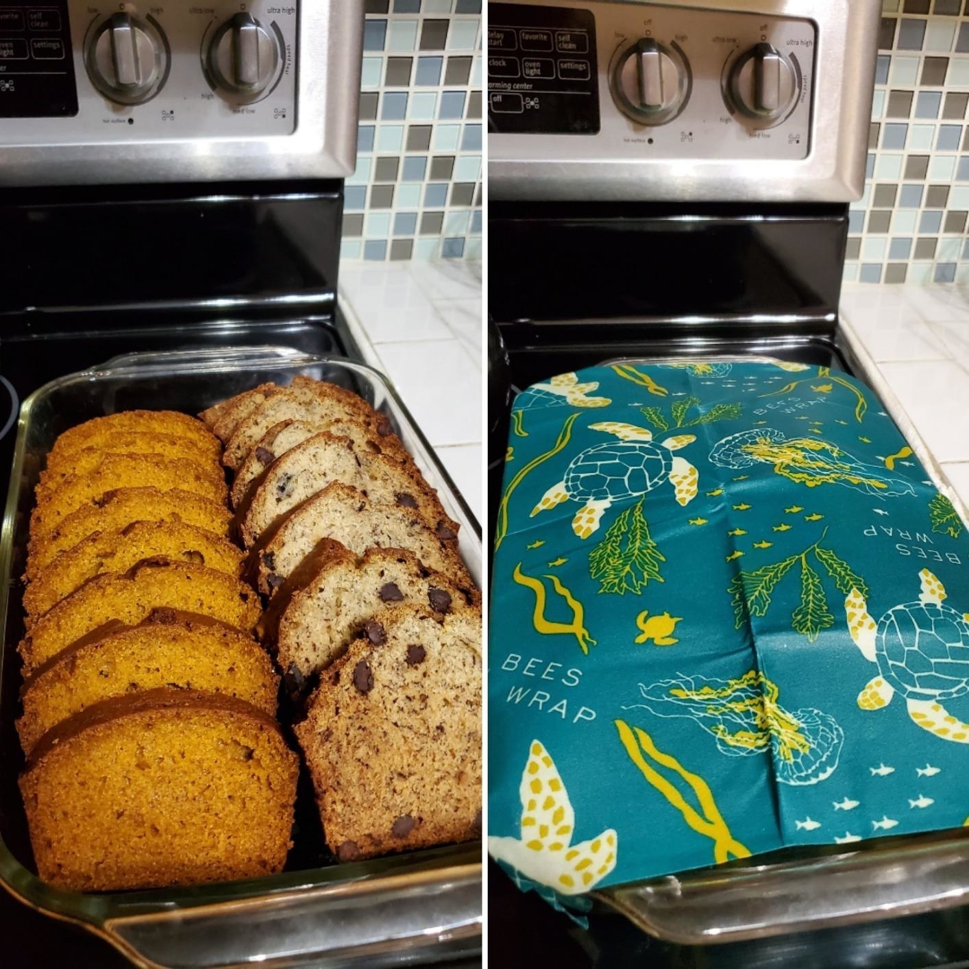 Reviewer&#x27;s side by side showing a baking dish of banana bread uncovered and then covered with blue turtle patterned beeswrap