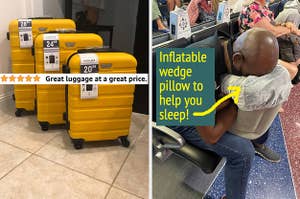 on left, yellow large, medium, and small suitcase set. on right, reviewer sleeps with gray inflatable wedge pillow in airport terminal seat
