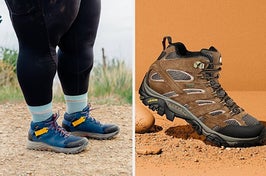 left: model wearing hiking shoes on trail. right: product image of of hiking boot.