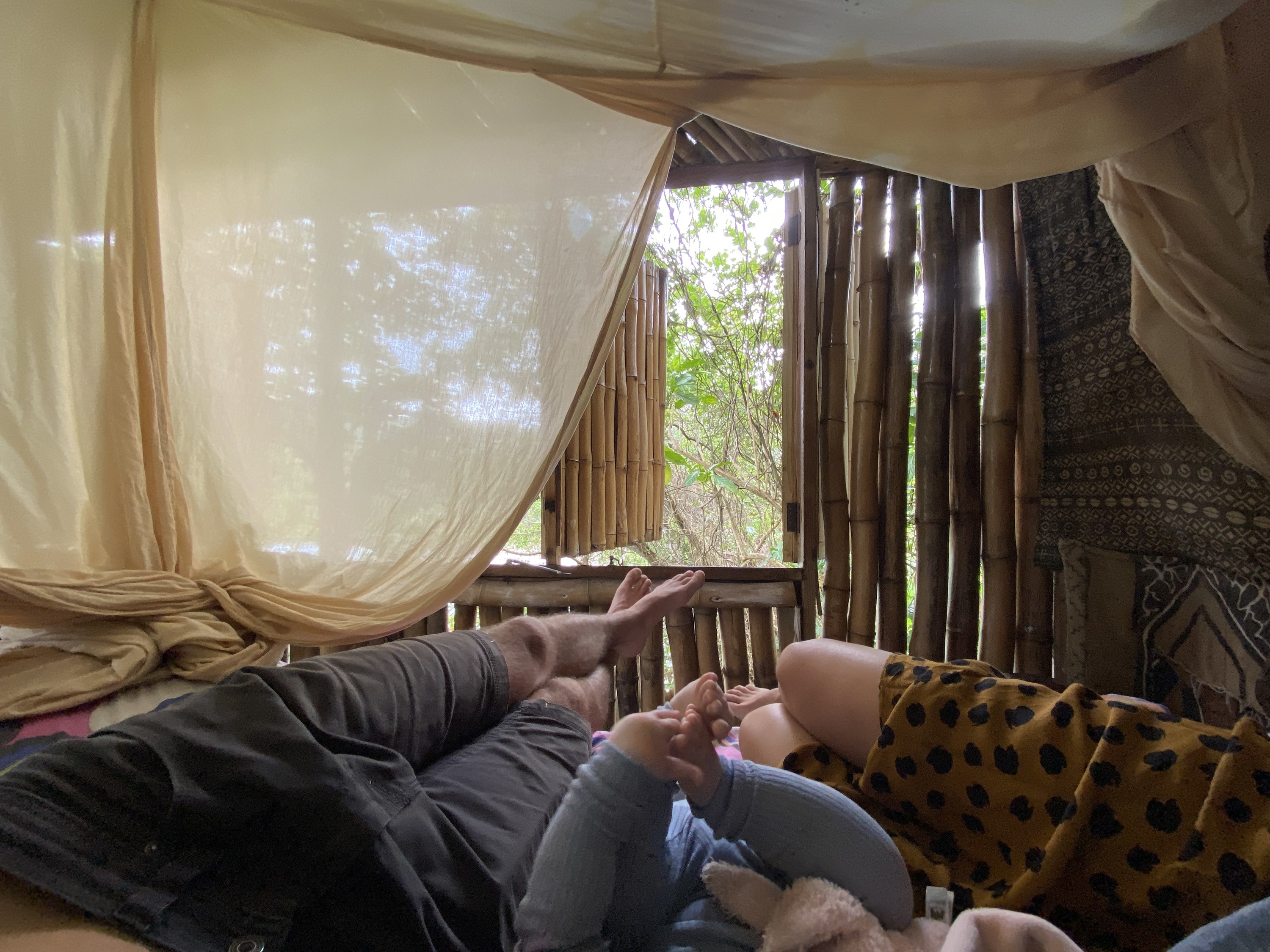 Three people laying in bed by a window