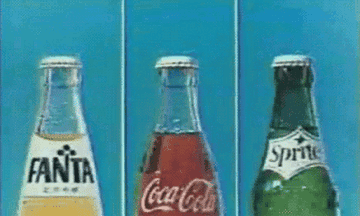 A GIF featuring glass bottles of Fanta, Coca-Cola, and Sprite