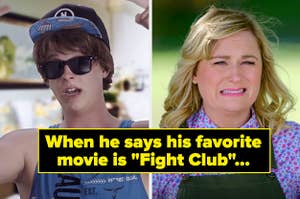 guy in baseball hat and amy poehler cringing captioned "When he says his favorite movie is Fight Club..."