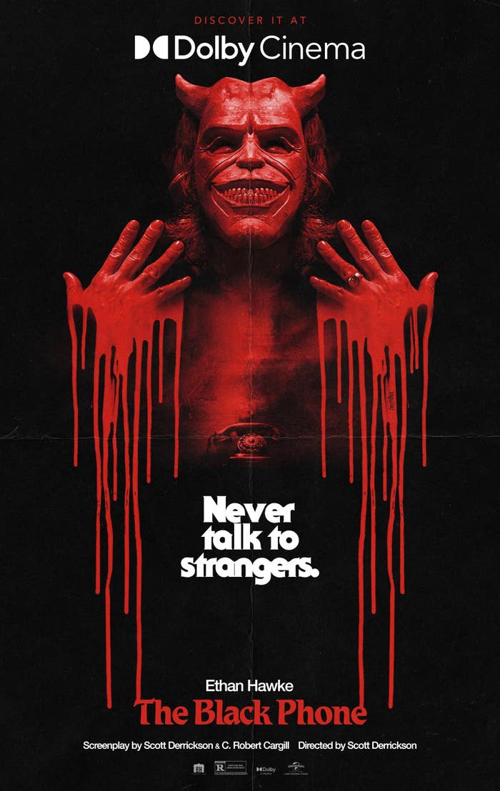 A poster for the Black Phone that features the tagline &quot;Never talk to strangers&quot;