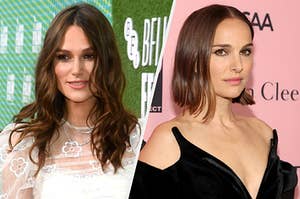 Keira Knightly wears a lace dress and Natalie Portman wears a dark strapless gown
