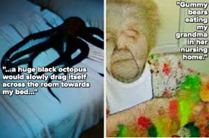 a black octopus on a bed and grandma being eaten by gummy bears
