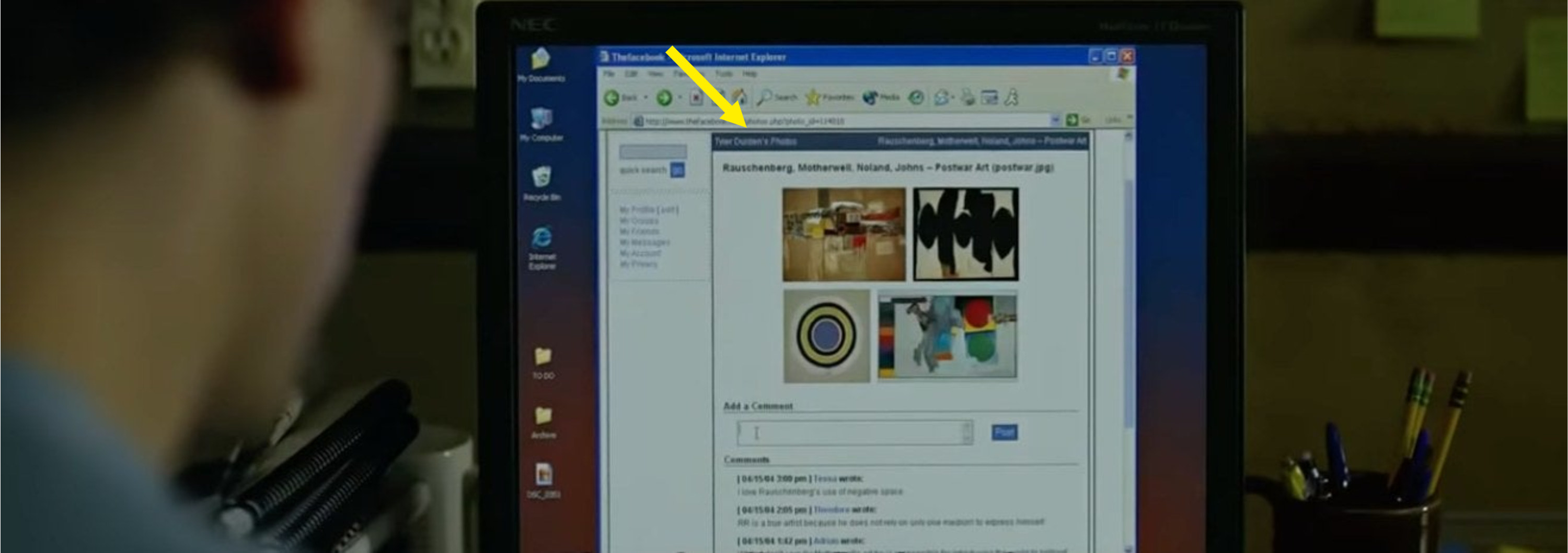 Mark looking at his fake facebook profile in The Social Network