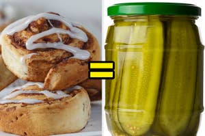 Cinnamon rolls are stacked on the left with pickles in a jar on the right