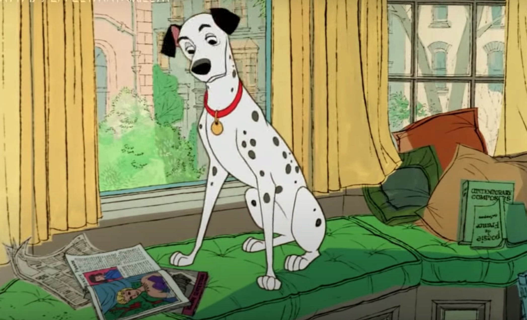 Pongo sitting at the window of Roger&#x27;s apartment in Disney&#x27;s &quot;101 Dalmations&quot;