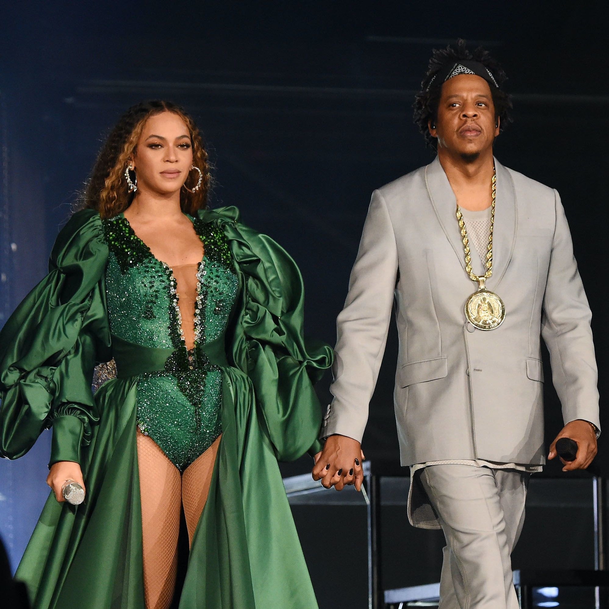 Beyonce holding hands with husband Jay-Z on stage